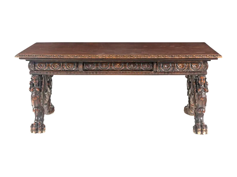 Antique Table, Trestle, Renaissance Revival, Carved, Walnut, 1800s, 19th C.! - Old Europe Antique Home Furnishings