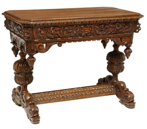 Antique Table, Writing, Highly Carved, Renaissance Revival, 19th c 1800s - Old Europe Antique Home Furnishings