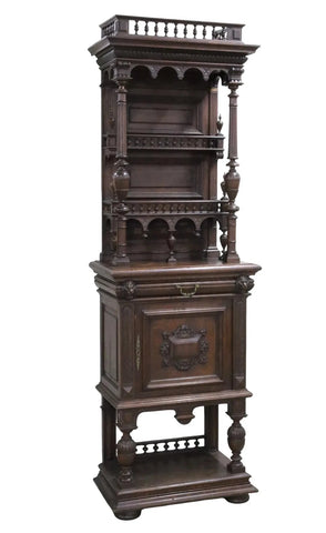 Antique Vaisselier Cabinet, Flemish Renaiss Revival Walnut, Carved Lion, 1800s!! - Old Europe Antique Home Furnishings