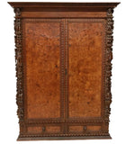 Antique Armoire, Carved, Italian Renassance Revival, Walnut, Burlwood, 1800s!