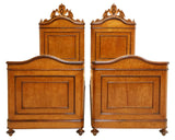 Antique, Beds, Maple, Pair (2) Italian Birdseye, Crest, Paneled, 19th C. 1800s - Old Europe Antique Home Furnishings