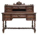 Antique, Desk, Writing, French Henri II Style, Carved Oak, Crest, Foliate, 1800s - Old Europe Antique Home Furnishings