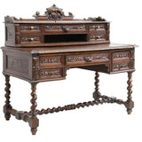Antique, Desk, Writing, French Henri II Style, Carved Oak, Crest, Foliate, 1800s - Old Europe Antique Home Furnishings
