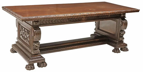 Antique Table, Library, Large Italian Renaissance Revival, Walnut, 19th C. 1800s
