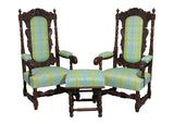 Armchairs, W/ Stool, Fireside, French Renaissance Style, Pair, Oak, Vintage! - Old Europe Antique Home Furnishings