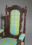 Armchairs, W/ Stool, Fireside, French Renaissance Style, Pair, Oak, Vintage! - Old Europe Antique Home Furnishings