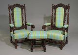 Armchairs, W/ Stool, Fireside, French Renaissance Style, Pair, Oak, Vintage! - Old Europe Antique Home Furnishings