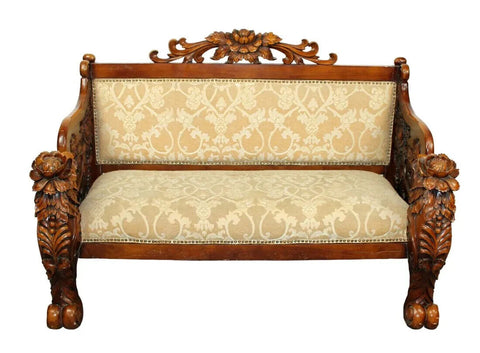 Bench, Relief, Floral, Carved, Mahogany, Neutral Fabric Color, Vintage / Antique - Old Europe Antique Home Furnishings