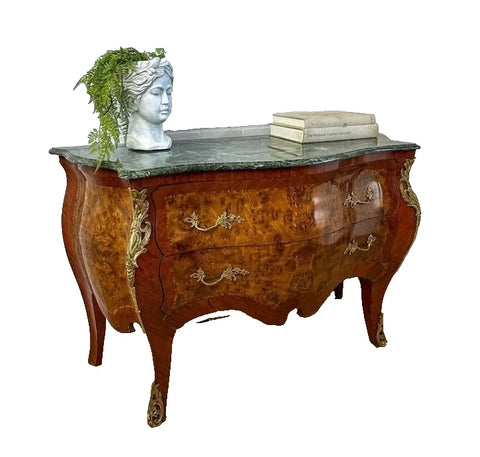 Bombe Commode, Vintage, French Louis XV Style, Marble Top, Burr Walnut Veneer! - Old Europe Antique Home Furnishings