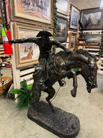 Sculpture, "Bronco Buster", Bronze, Patinated, Monumental, After Remington  58"H - Old Europe Antique Home Furnishings