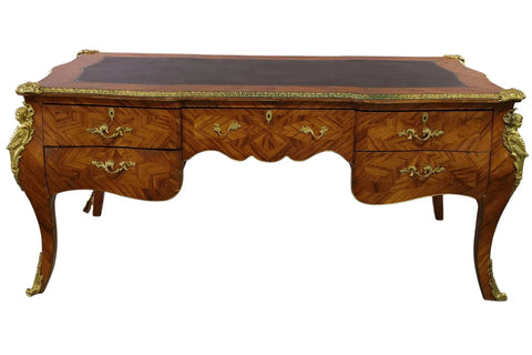 Bureau Plat Desk, French, Large, Burl Wood Veneer, Leather Top, Bronze Mount! - Old Europe Antique Home Furnishings