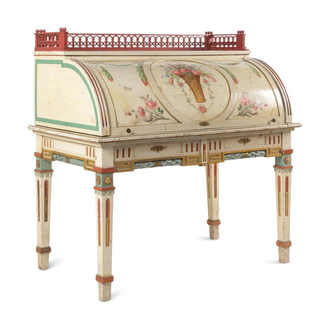 Bureau, Writing Desk, Continental, Polychrome-Painted, Cylinder, Circa 1900!! - Old Europe Antique Home Furnishings