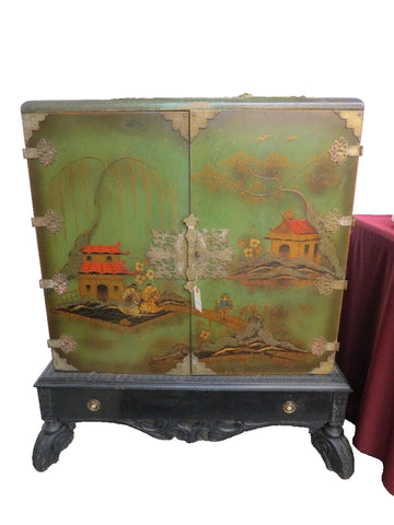 Cabinet, Chinoiserie Style, Green, Asian Decorated Cabinet, Vintage!!