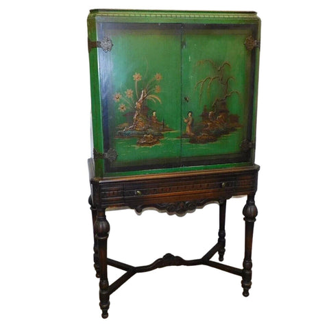Cabinet, Oriental, Paint Decorated, Green, 2 Door Cabinet, Vintage / Antique - Old Europe Antique Home Furnishings