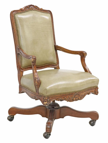 Chair, Office, Swivel, Louis XV Style, Executive, Padded, Nailhead Trim, Vintage - Old Europe Antique Home Furnishings