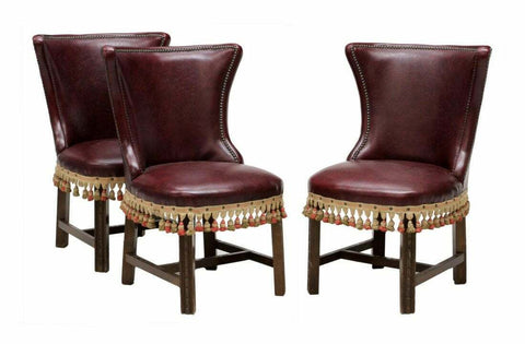 Chairs, Continental Burgundy Leather-LIke, Two, Oak & Tassled Trim, Vintage! - Old Europe Antique Home Furnishings