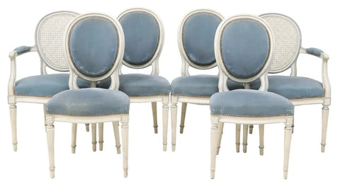 Chairs, Dining, (6) French Louis XVI Style, Painted, Blue Velvet, Nail Head Trim - Old Europe Antique Home Furnishings