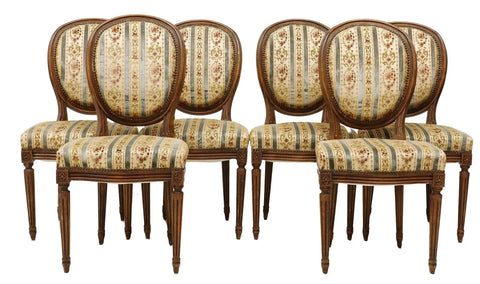 Chairs, Dining (6) Louis XVI Style, Upholstered, Walnut, Oval Medallion Back!! - Old Europe Antique Home Furnishings