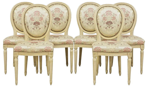 Chairs, Dining, French Louis XVI Style, Painted, Brocade Uphol., 1900s, Six (6) - Old Europe Antique Home Furnishings