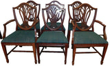 Chairs, Shield Back, Dining, Set of 6, Mahogany, Green Uphol., Vintage, 1900s! - Old Europe Antique Home Furnishings