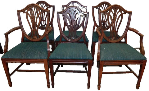 Chairs, Shield Back, Dining, Set of 6, Mahogany, Green Uphol., Vintage, 1900s! - Old Europe Antique Home Furnishings