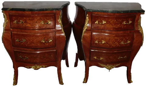 Commodes, Pair, Walnut Inlay, Marble Top, Diminutive, With Bronze Mounts!! - Old Europe Antique Home Furnishings