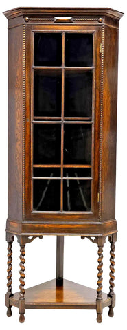 Corner Cabinet, English, Display, Glazed, Oak, Barley Twist, Vintage / Antique!