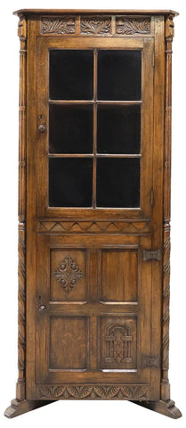 Cupboard, Corner, English, Carved Oak, Vintage / Antique, Glazed Door, 1900s!