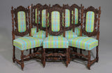 Dining Chairs, French Renaissance Style, Set of 8, Oak, Blue Multi, Vintage!! - Old Europe Antique Home Furnishings
