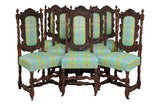 Dining Chairs, French Renaissance Style, Set of 8, Oak, Blue Multi, Vintage!! - Old Europe Antique Home Furnishings