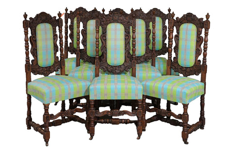 Dining Chairs, French Renaissance Style, Set of 8, Oak, Blue Multi, Vintage!! - Old Europe Antique Home Furnishings