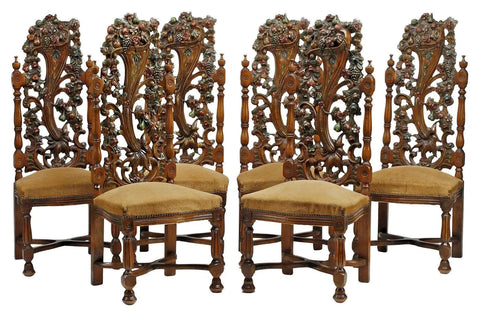 Dining Chairs, Set of 6, Spanish Revival, Carved, Polychrome, Cornucopia 54.5”! - Old Europe Antique Home Furnishings