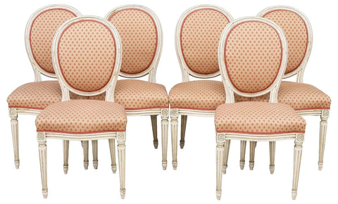 Dining Chairs, Side, (6) French Louis XVI Style, White Painted & Upholstered!!
