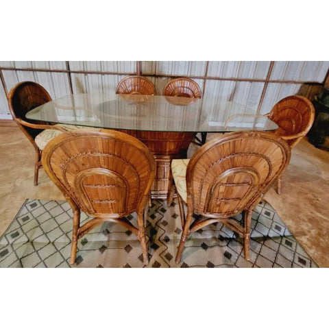 Dining Table Set, Chairs, Wagon Back, Table w/ Glass Top, Vintage, Circa 1980s!! - Old Europe Antique Home Furnishings