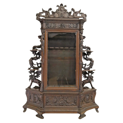 Antique Cabinet, Display, Gun, French Renaissance Revival, Carved, Crest, 1800s! - Old Europe Antique Home Furnishings