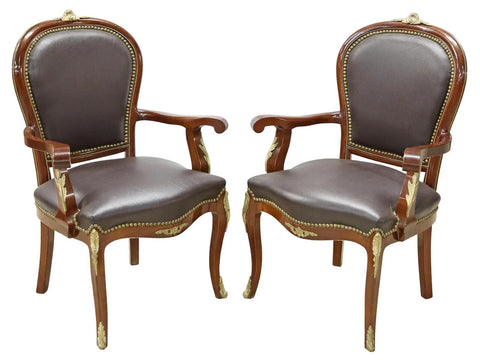 Fauteuils, (2) Louis XV Style, Black, Upholstered, Crest, Nailhead Trim, Vintage! - Old Europe Antique Home Furnishings