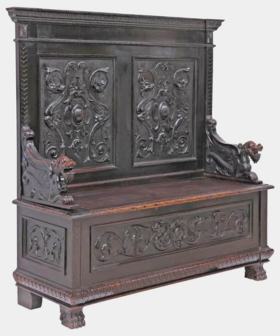 Hall Bench, Italian Renaissance Revival, Walnut, w/ Dragons, Storage, 1800s! - Old Europe Antique Home Furnishings