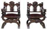 Antique Armchairs, Curved, Two, Renaissance Revival, Velvet, Medallion, E. 1900 - Old Europe Antique Home Furnishings