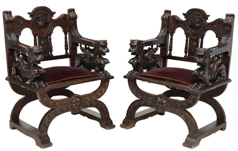 Antique Armchairs, Curved, Two, Renaissance Revival, Velvet, Medallion, E. 1900 - Old Europe Antique Home Furnishings