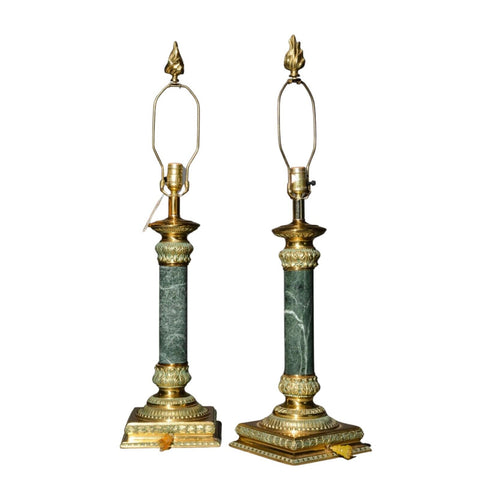 Lamps, Brass & Green Empire / Classical Style Marble Column Lamps, Pair, 20th C - Old Europe Antique Home Furnishings