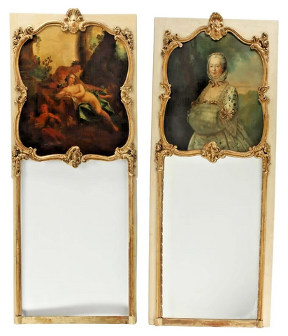 Mirrors, (2) Exceptional French Parcel Gilt & Painted Trumeau, Vintage / Antique - Old Europe Antique Home Furnishings