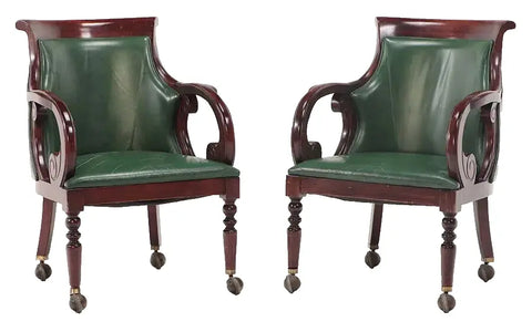 Office Chairs, Pair, Mahogany, Empire Style, Green Upholstery, On Wheels!! - Old Europe Antique Home Furnishings