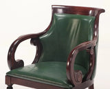 Office Chairs, Pair, Mahogany, Empire Style, Green Upholstery, On Wheels!! - Old Europe Antique Home Furnishings