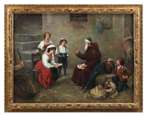 Oil Painting, "A Lesson in Scripture", Framed, After Francesco Bergamini, Vinage!!
