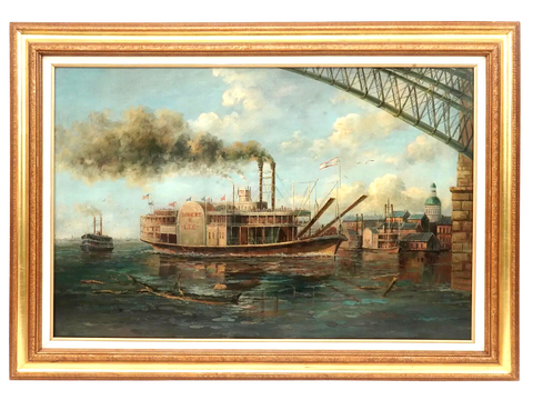 Oil Painting, Steamboat, After John Stobart, St. Louis, Signed, Vintage, 20th C! - Old Europe Antique Home Furnishings