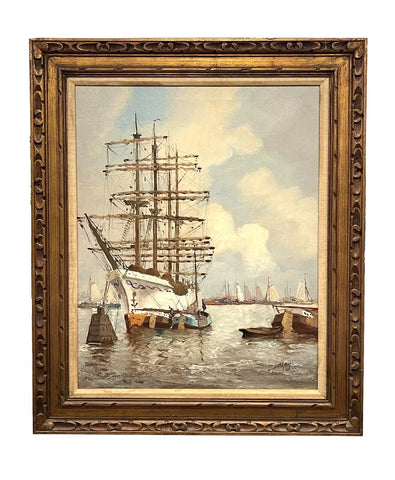 Oil Painting, on Canvas, Sailboats, Signed by Mystery Artist, J. May - Vintage! - Old Europe Antique Home Furnishings