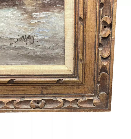 Marqueterie Ancienne, Paysage Voilier, Bois Dur, Signé, Encadré, Art Français XIXe