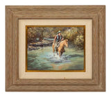 Oil on Canvas, Signed by Lorna Dillon (Amer, bd. 1940) "Checking Hat Creek"! - Old Europe Antique Home Furnishings