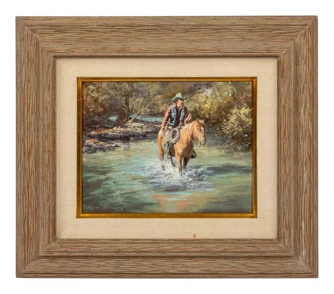 Oil on Canvas, Signed by Lorna Dillon (Amer, bd. 1940) "Checking Hat Creek"! - Old Europe Antique Home Furnishings