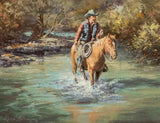 Oil on Canvas, Signed by Lorna Dillon (Amer, bd. 1940) "Checking Hat Creek"! - Old Europe Antique Home Furnishings